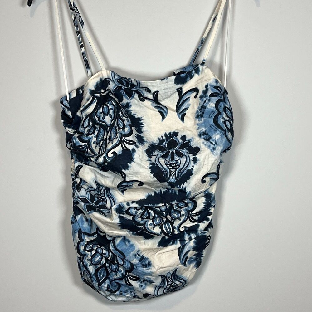 Zara Ruched Blue Paisley Spaghetti Strap Tank Topā Cotton Size small summer boho